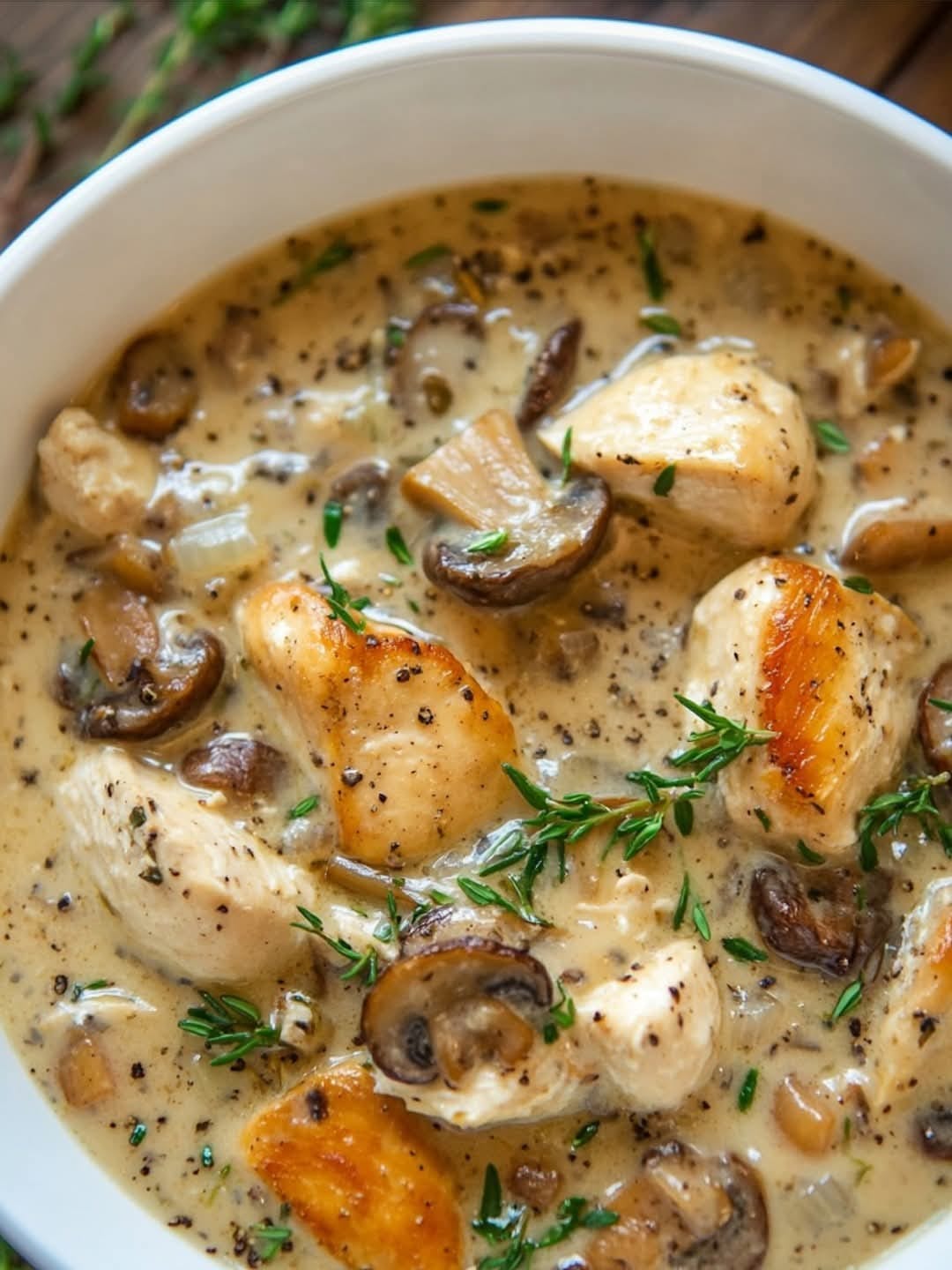 Creamy Wild Rice Chicken Soup with Roasted Mushrooms